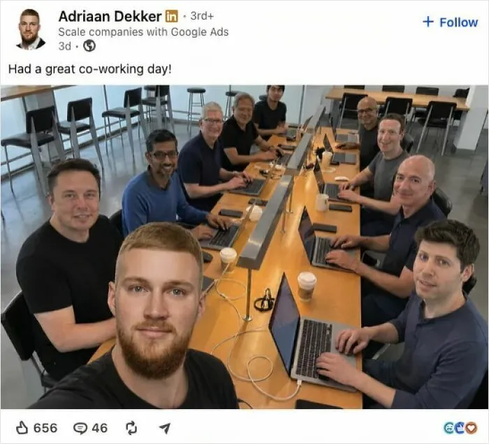 Group selfie at co working space with tech leaders including Elon Musk