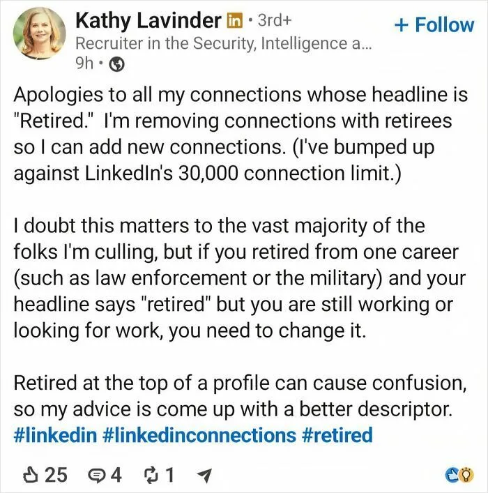 LinkedIn post advising to change retired headline for better LinkedIn connections