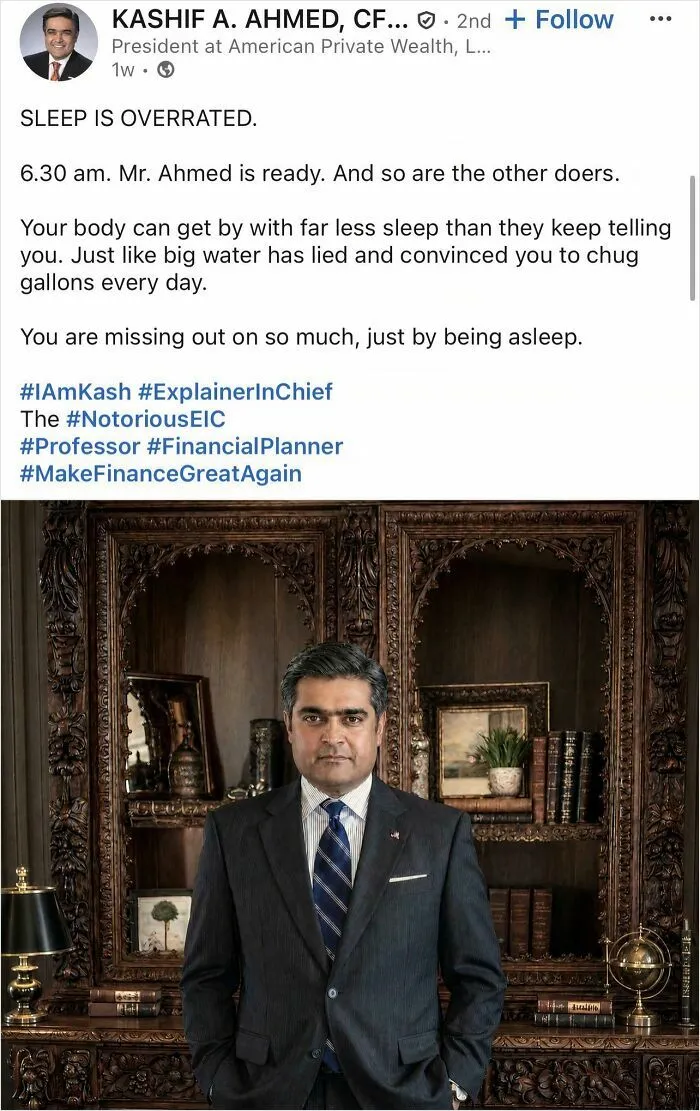 LinkedIn post claiming sleep is overrated with a professional portrait
