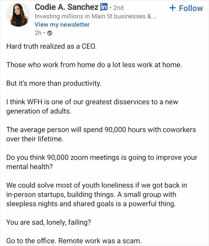 LinkedIn post criticizing remote work as a scam by CEO
