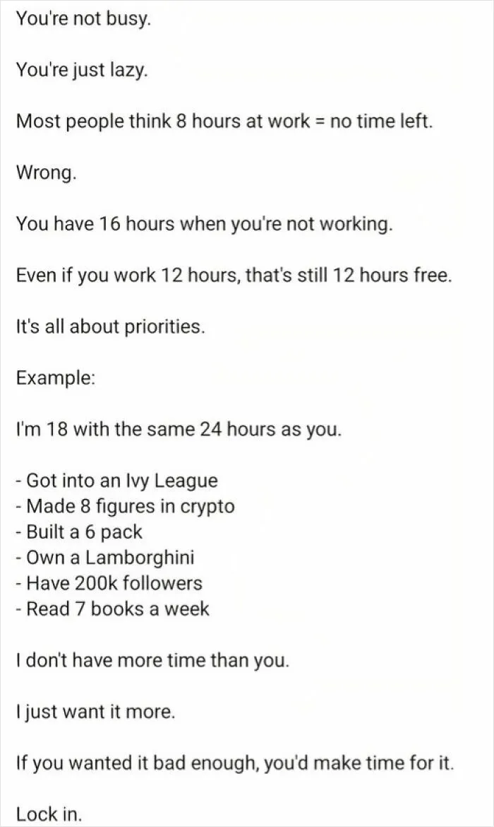 LinkedIn text post about time management and priorities for achieving success