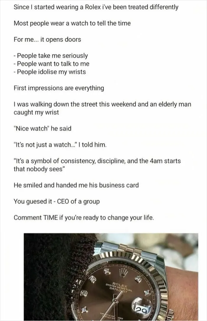 Rolex watch symbolizing consistency and discipline in LinkedIn post about success and first impressions