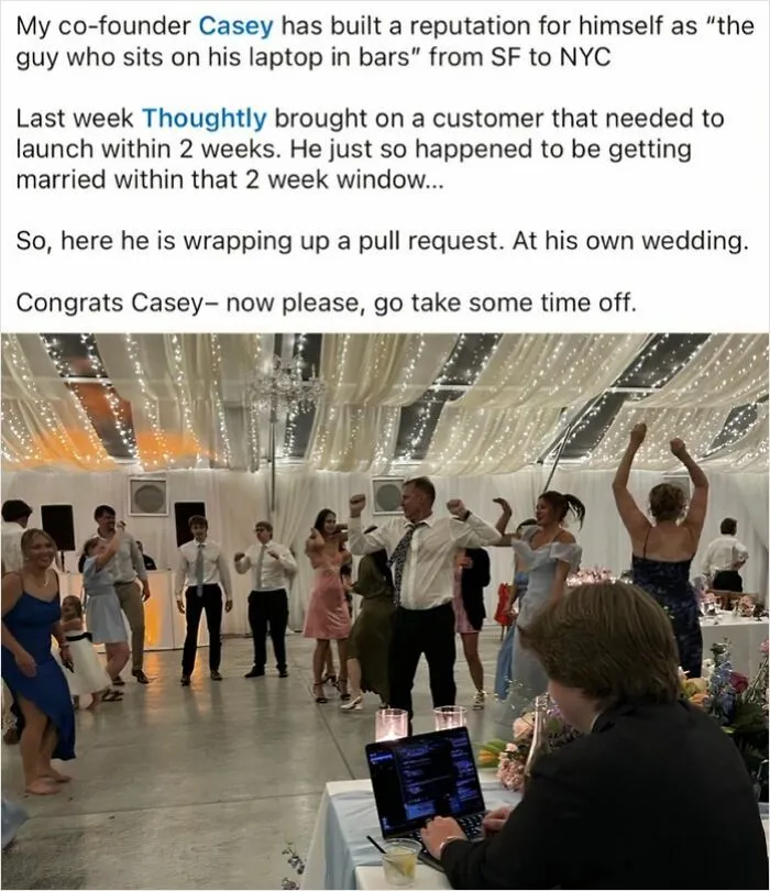LinkedIn post showing a man working on a laptop during his own wedding reception