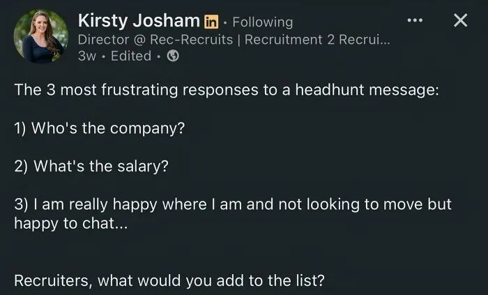 LinkedIn post listing frustrating responses to headhunting messages
