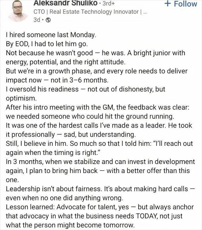 LinkedIn post about hiring challenges and leadership decisions during growth phases