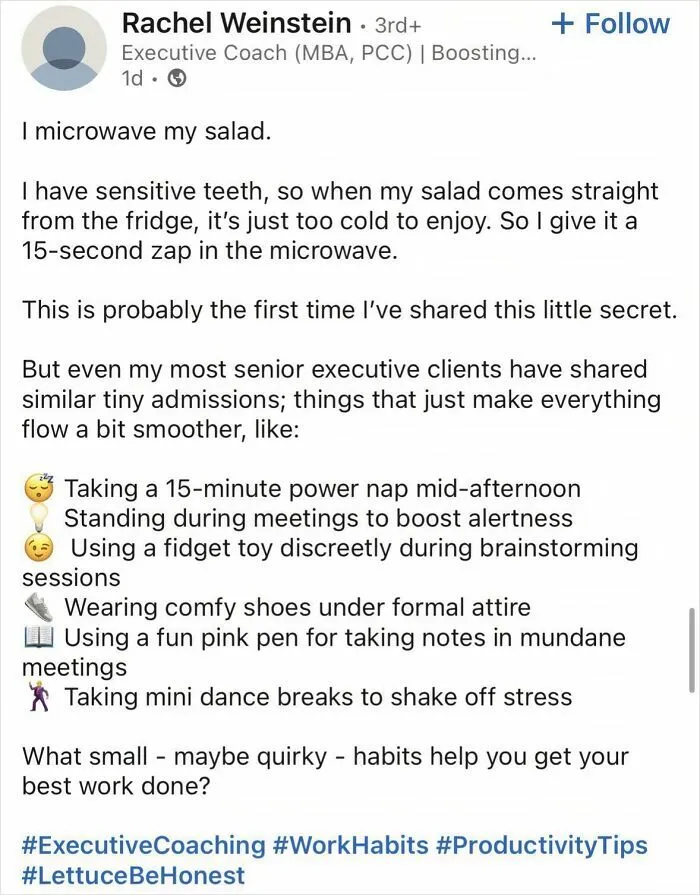 LinkedIn post sharing quirky work habits and executive coaching productivity tips