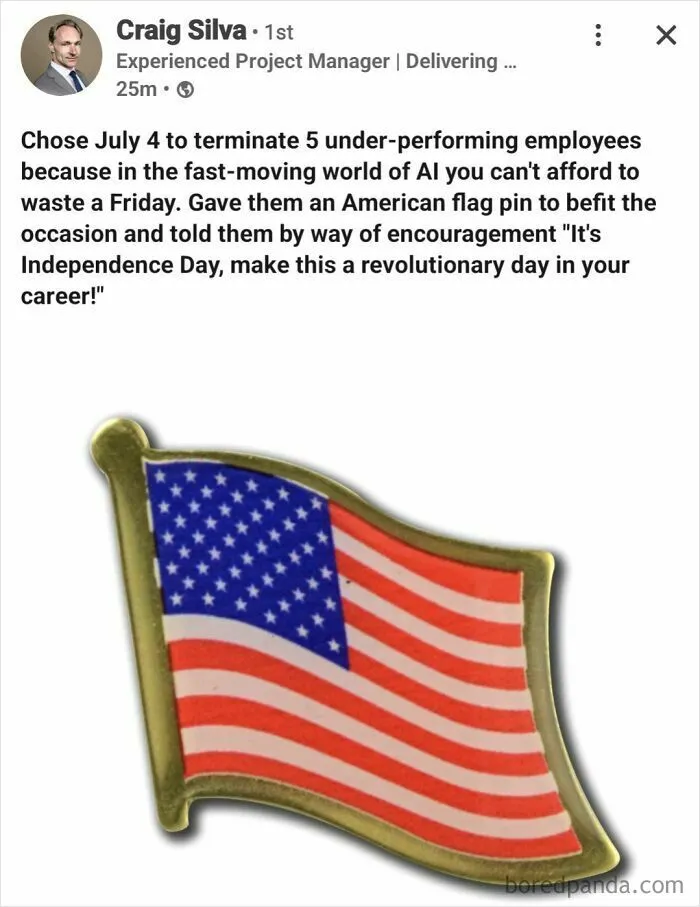 American flag pin given to fired employees in tone deaf LinkedIn post