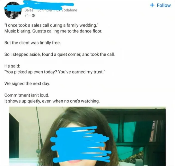 LinkedIn sales story about commitment and earning trust during a family wedding call