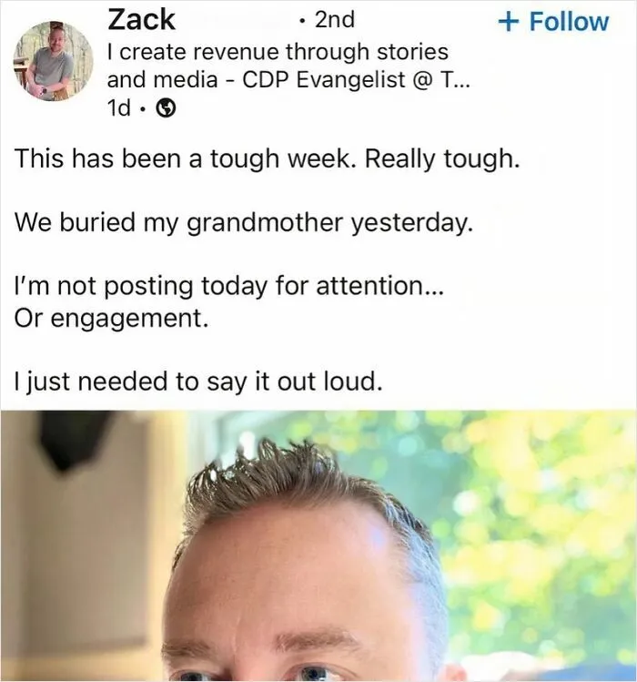 LinkedIn post about a tough week and grandmother's burial in tone-deaf LinkedIn posts