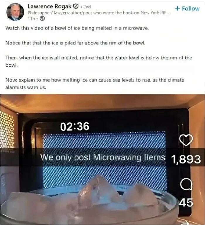 LinkedIn post with video of ice melting in microwave discussing sea levels