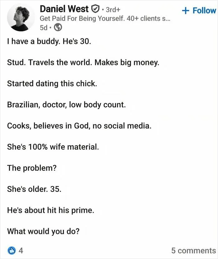 LinkedIn post discussing dating dilemma with detailed description of partner characteristics