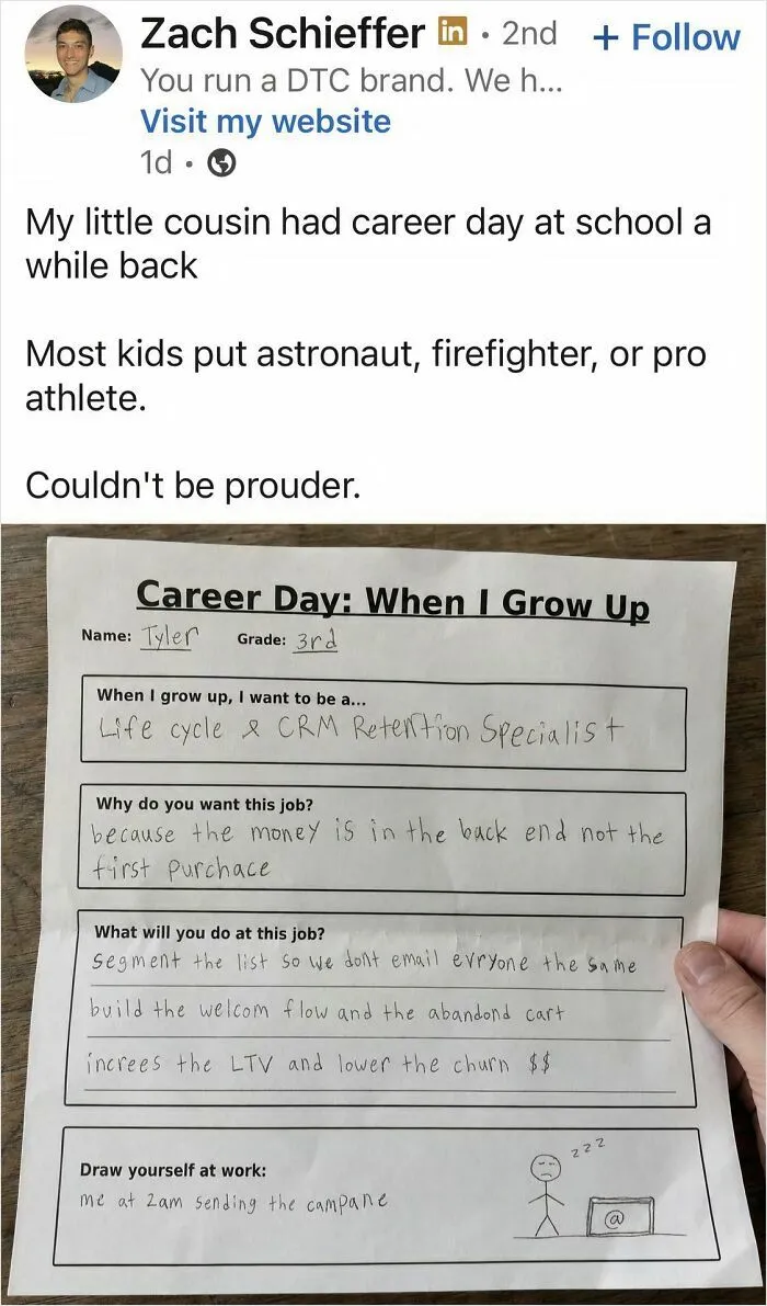 LinkedIn post showing a child's career day form with unique job desire