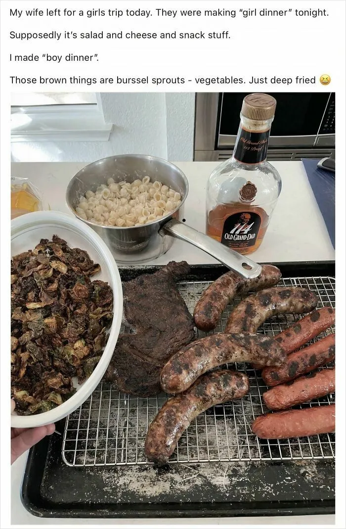 Grilled meats, deep fried vegetables, and whiskey bottle in tone deaf LinkedIn meal post