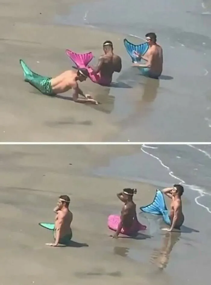 Influencers wearing mermaid tails pose on a beach as if treating public spaces as their studio.