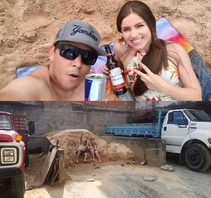 A couple stages a fake beach selfie on a construction sand heap in public spaces.