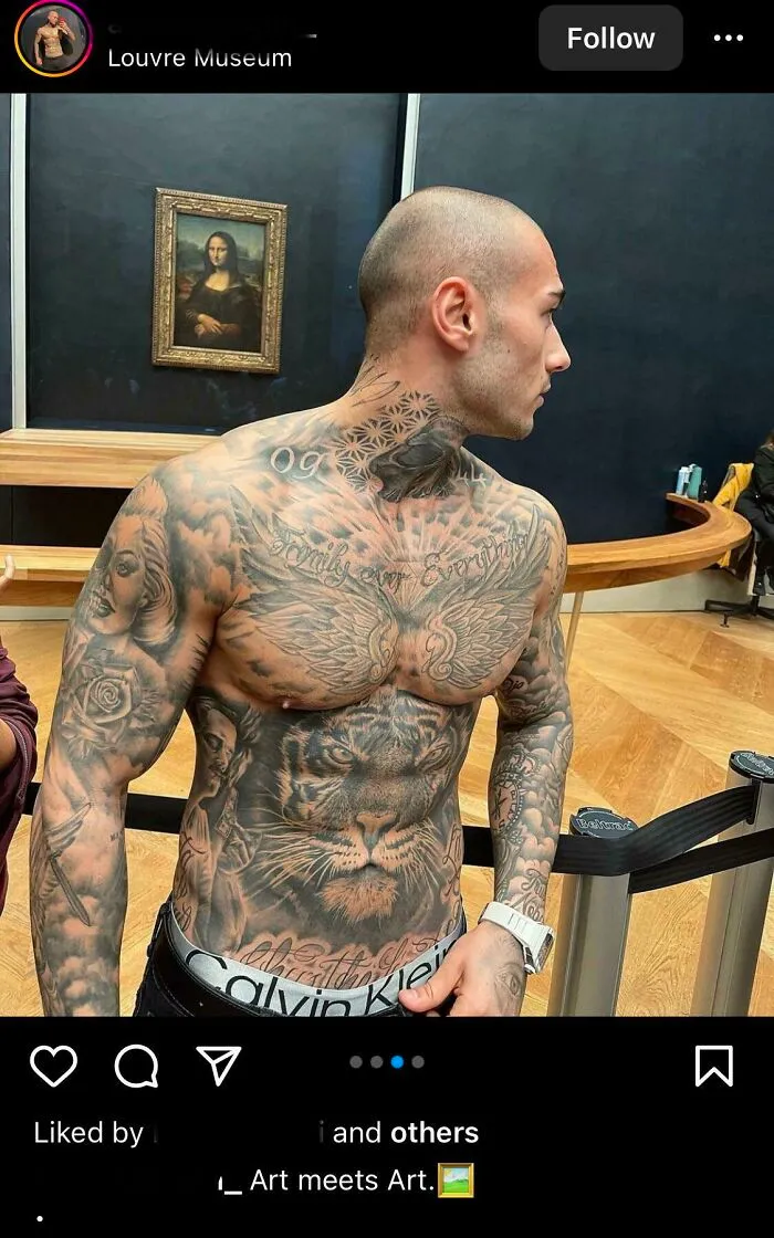 Shirtless man posing in front of the Mona Lisa at the Louvre as influencers disrupt public spaces.