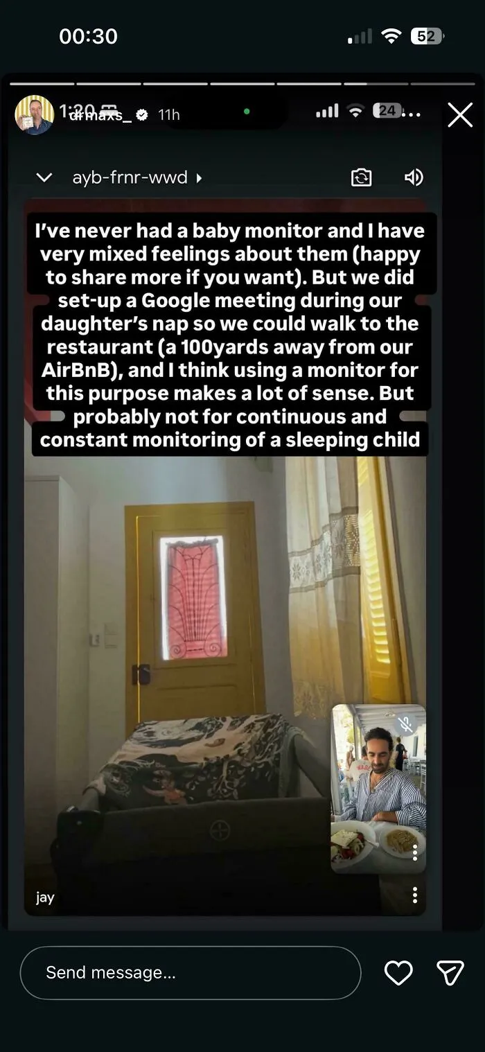 Influencers use a Google video call setup to monitor a baby room from a restaurant.