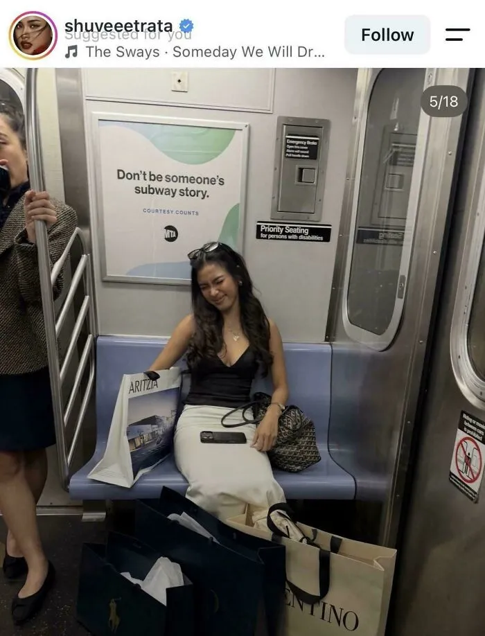 Woman sitting on a subway train surrounded by shopping bags treated as a personal content studio