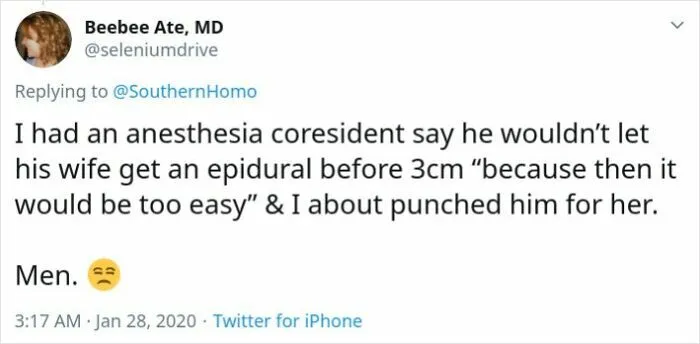 Tweet screenshot about wrong takes on female anatomy regarding childbirth and epidurals.