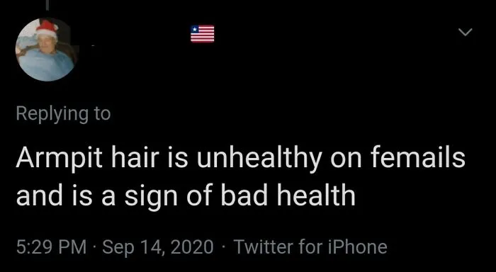 Tweet displaying a wrong take on female anatomy claiming armpit hair is a sign of bad health.