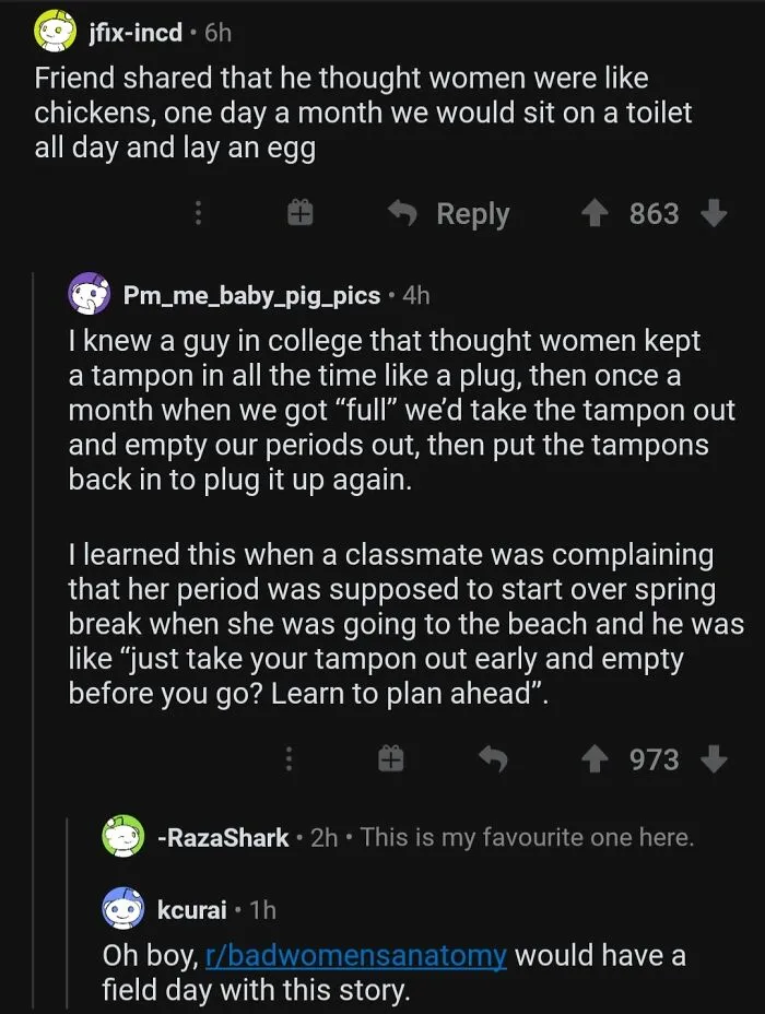 Reddit comments illustrating hilarious misconceptions about female anatomy and tampons.