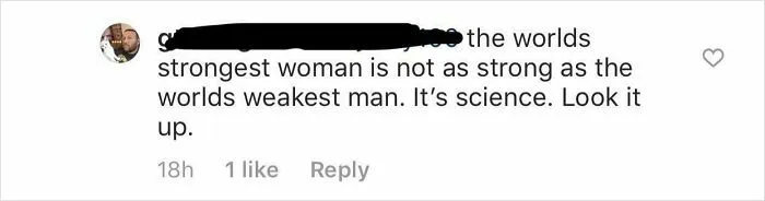 Comment showing absurd claims and wrong takes on female anatomy and physical strength.