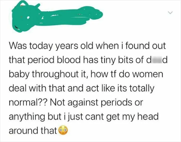 Social media text post sharing wrong takes on female anatomy regarding period blood.