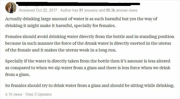 Online answer featuring bizarrely wrong takes on female anatomy about drinking water.