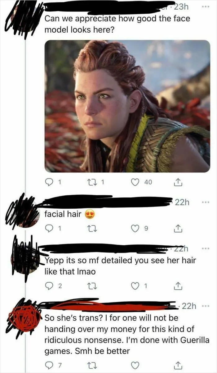 Social media thread with a wrong take on female anatomy regarding Aloy from Horizon.
