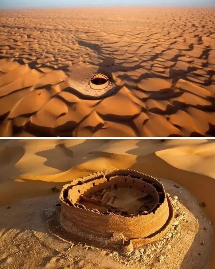 Aerial view of a ancient round fortress in the desert sand, an interesting fact about history.