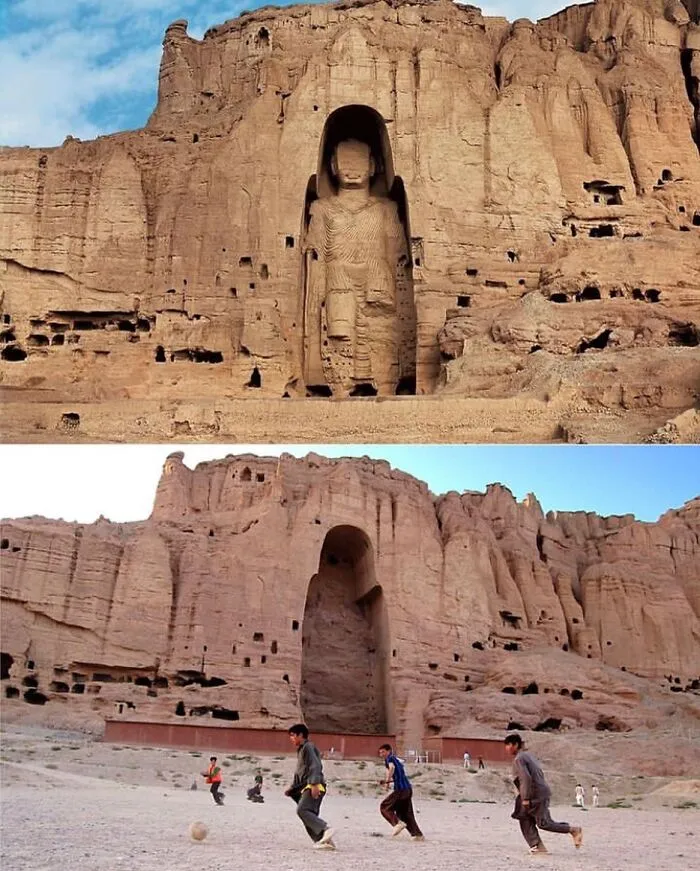 Comparison of the standing Buddhas of Bamiyan statue and the empty cliff alcove left after its destruction, history facts.