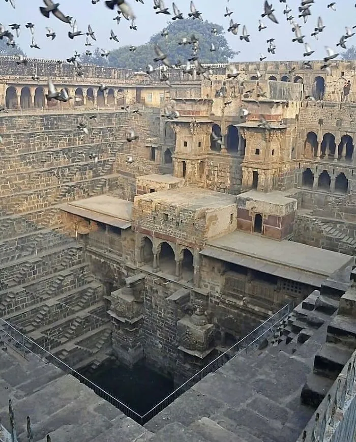 Flock of birds flying over ancient Chand Baori stepwell showcasing surprising facts about the past.