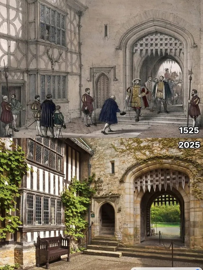 Historical comparison of a medieval Tudor entrance between 1525 and modern times showing facts about the past