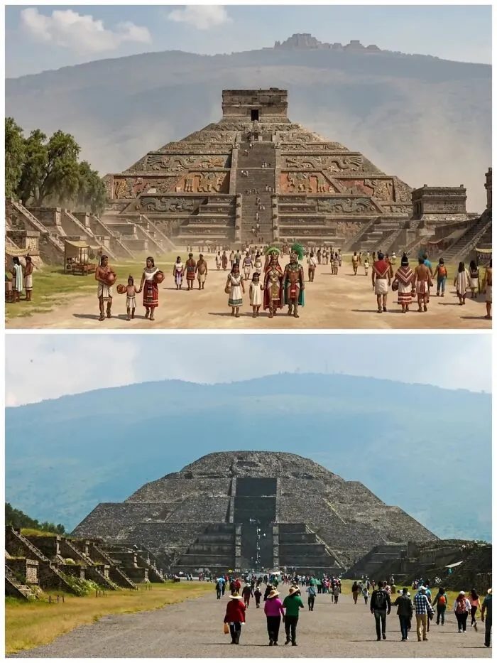 Digital reconstruction compared to current ruins proving surprising facts about the past.