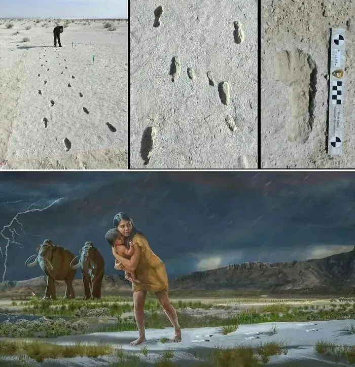 Ancient footprints and artwork of prehistoric human with child showing facts about the past