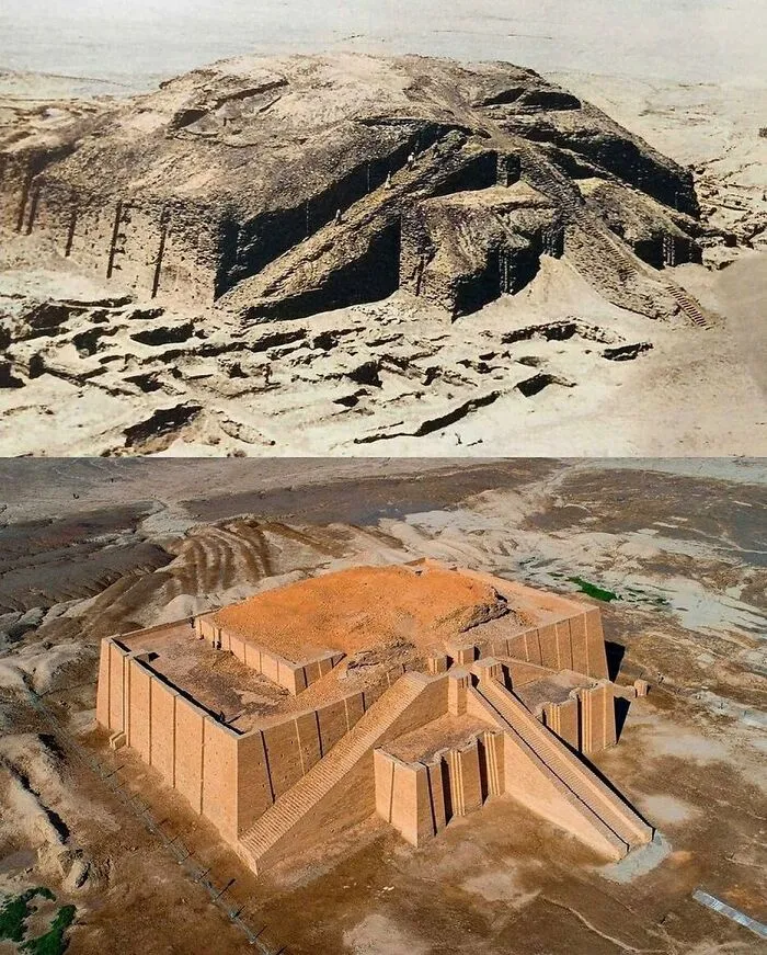 Comparison of the Great Ziggurat of Ur before and after restoration, proving how cool history can be.