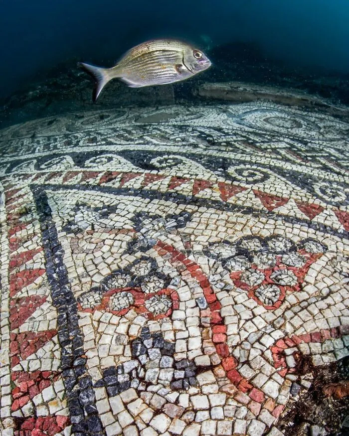 Intricate ancient mosaic floor submerged under clear water with a fish swimming over cool history facts.
