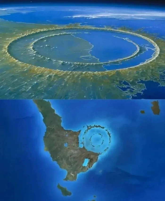 Aerial view of a massive circular crater in the ocean illustrating cool history facts.