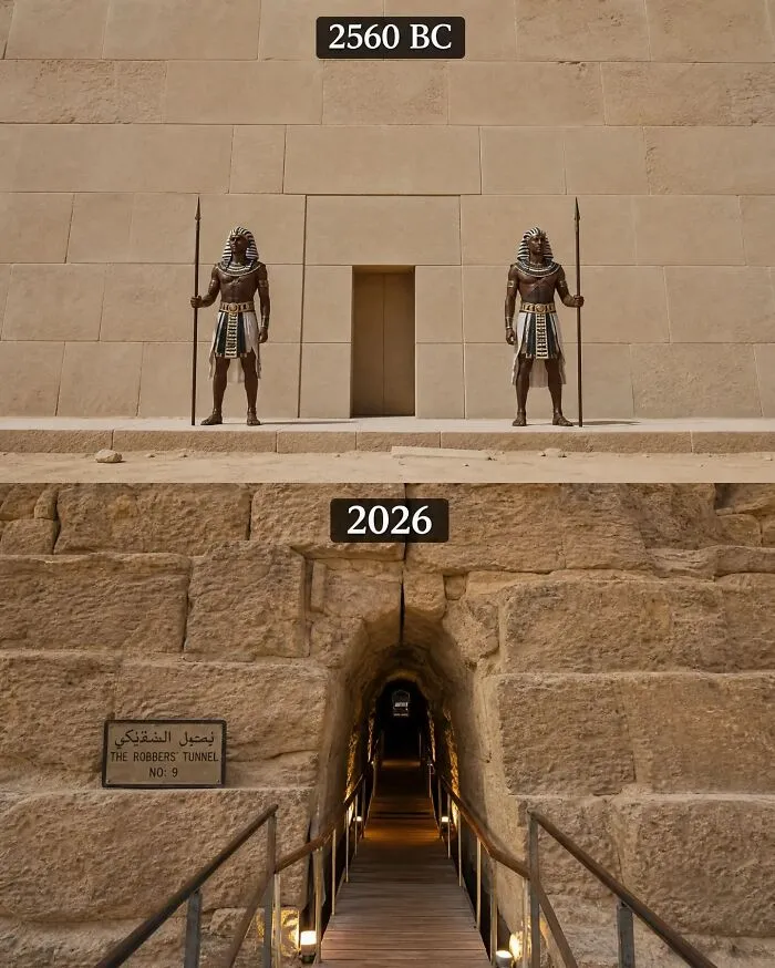 Comparison of ancient Egyptian pyramid entrance in 2560 BC and modern tunnel in 2026 showing cool history facts.
