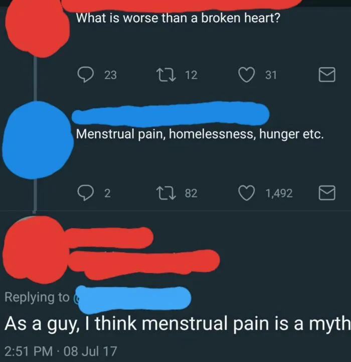 Twitter thread displaying wrong takes on female anatomy where a man claims menstrual pain is a myth