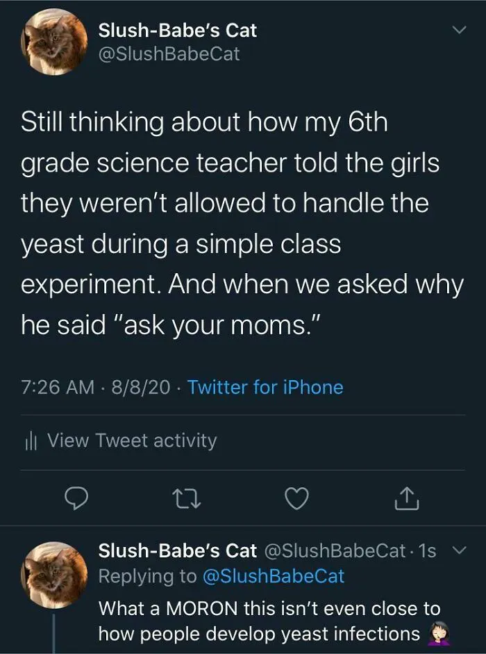 Tweet recounting wrong takes on female anatomy where a teacher thought handling yeast causes infections