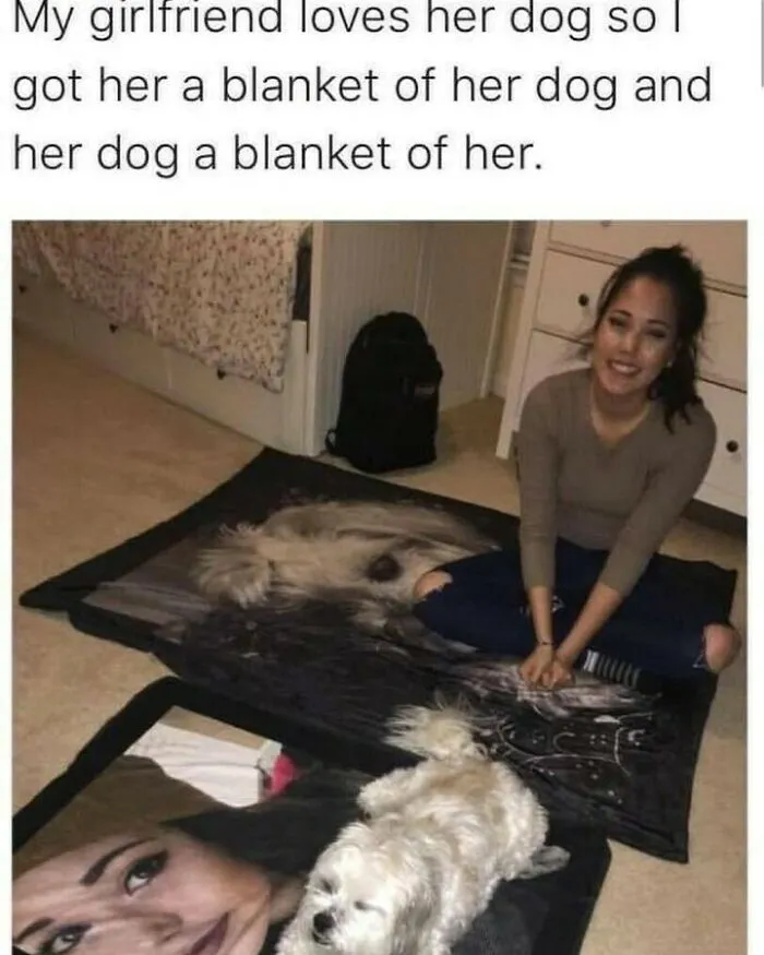 Dog memes image showing a woman and her small white dog resting on custom photo printed blankets