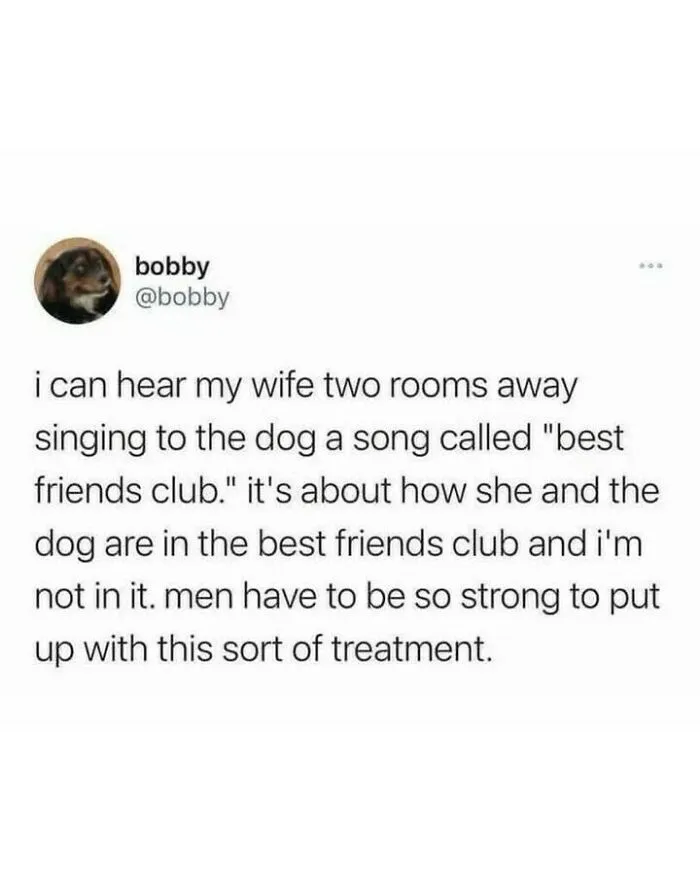 Hilarious tweet about a dog and owner forming a best friends club, perfect for dog memes fans.