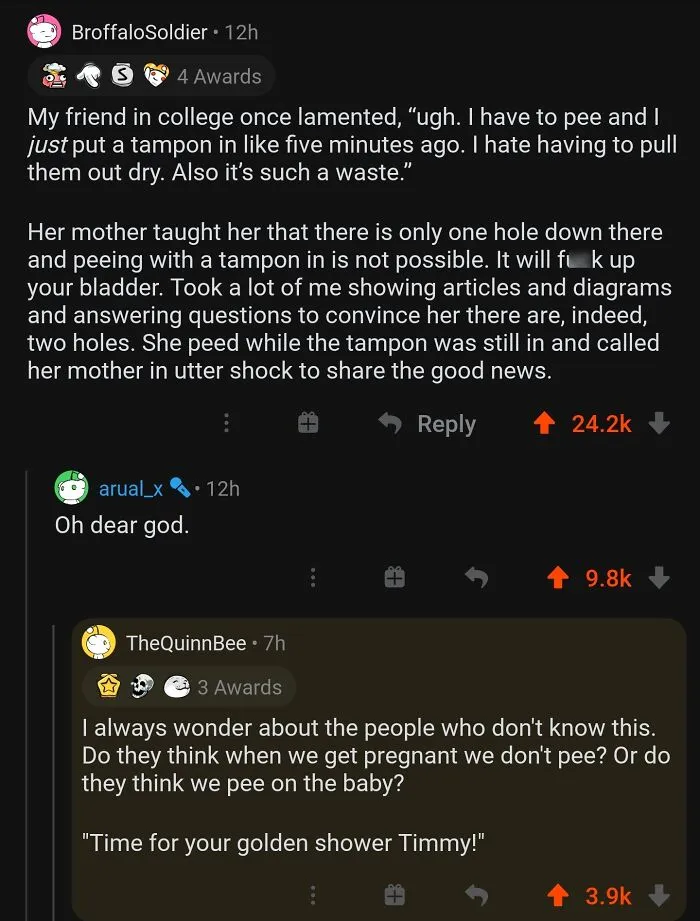 Reddit thread discussing misconceptions about urination and tampons as wrong takes on female anatomy.