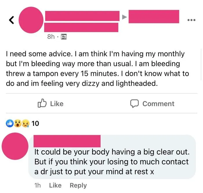 Social media post displaying a wrong take on female anatomy regarding periods.