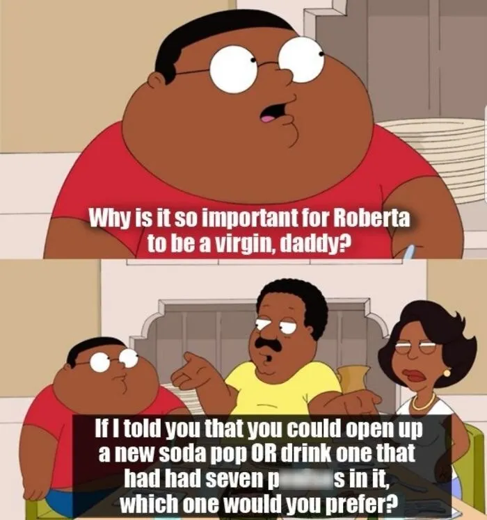 The Cleveland Show meme satirizing bizarre analogies and wrong takes on female anatomy and virginity.