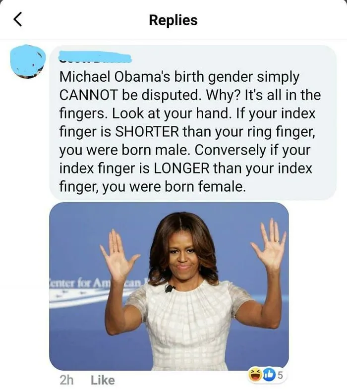 Social media post making absurd claims about finger length and female anatomy featuring Michelle Obama.