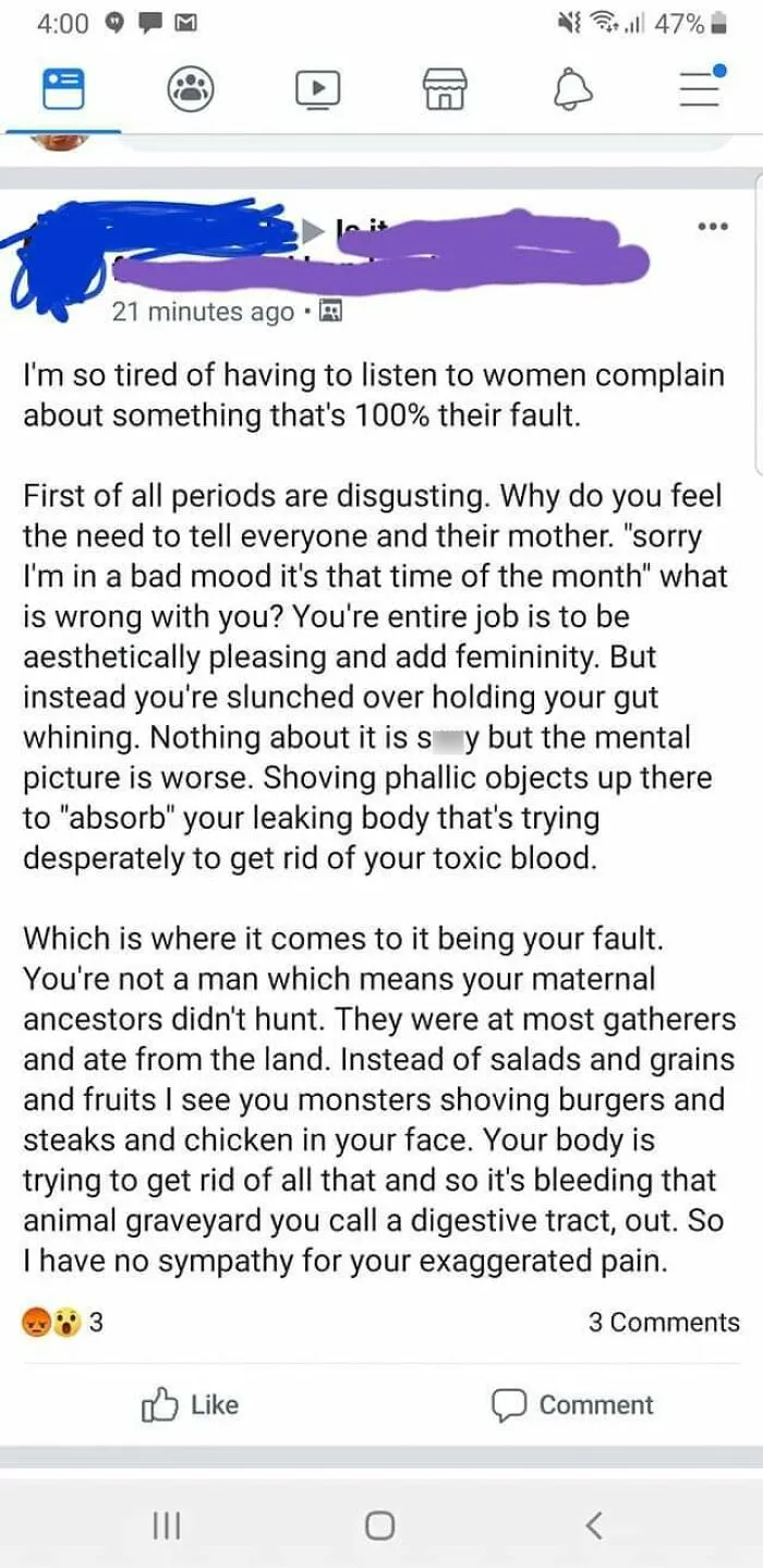 Social media post displaying incorrect takes on female anatomy and menstruation.