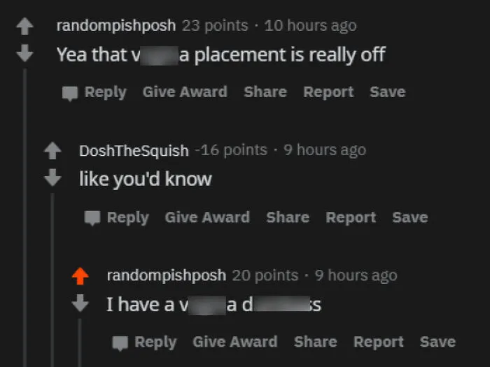 Reddit comment thread showing wrong takes on female anatomy.