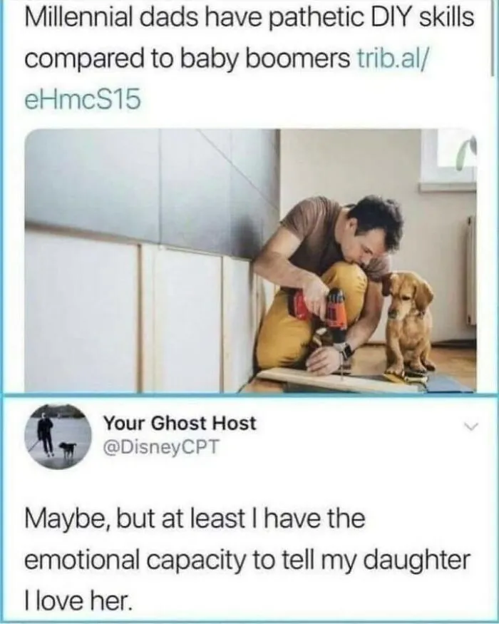 Funny dog memes with a man using a power drill next to a small puppy helper.